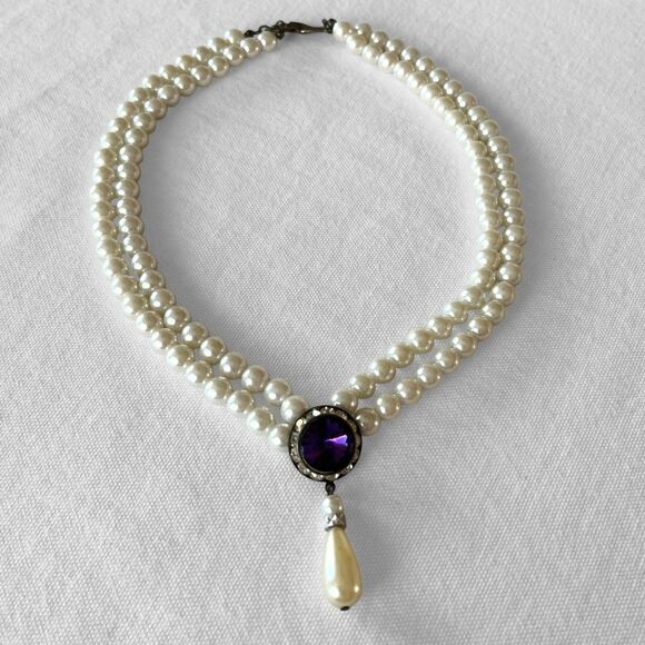 Vintage Purple Rhinestone Double Strand Faux Pearl Necklace - Picture 1 of 4
